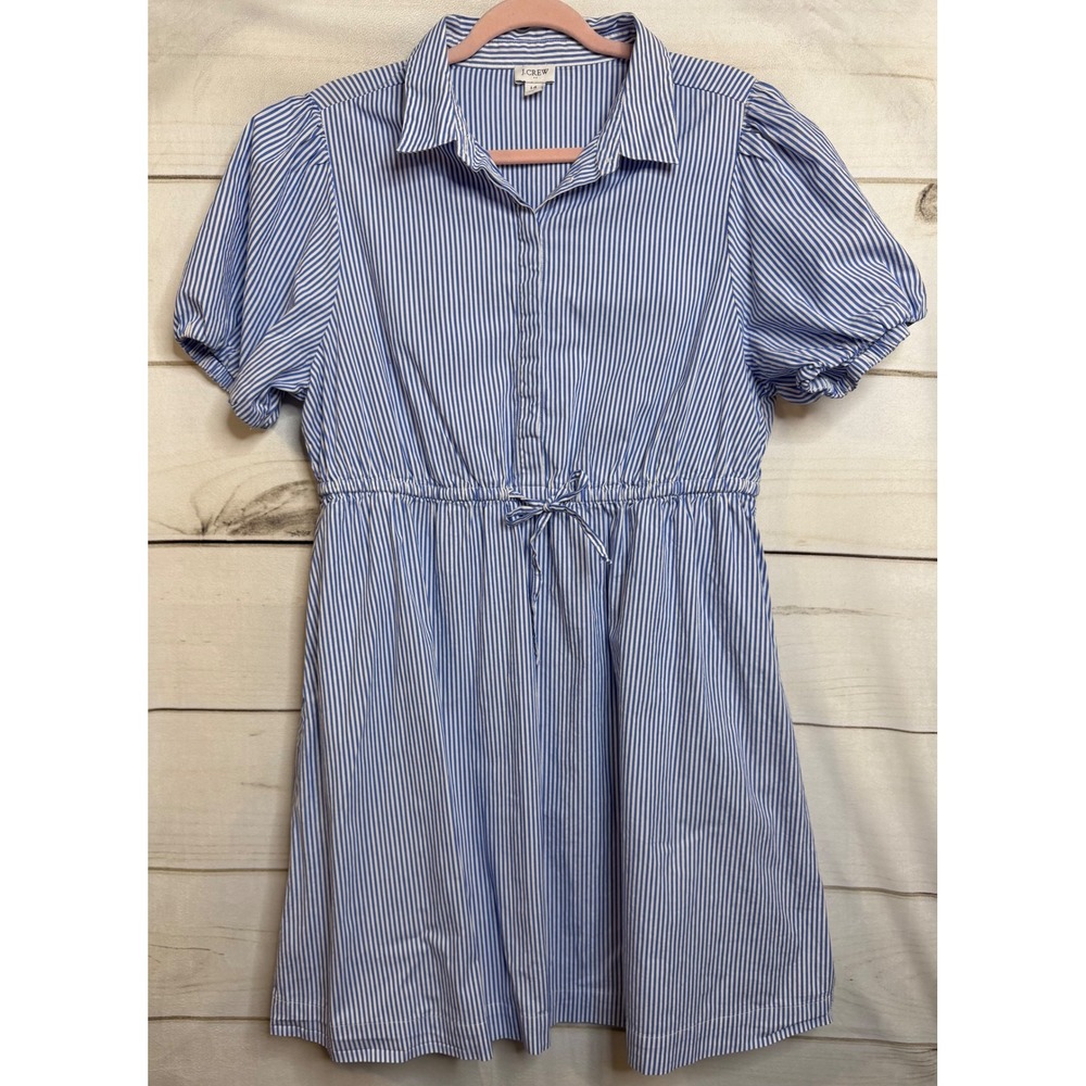 J.Crew Blue White Striped Puff Sleeve Button Down Mini Shirt Dress Women 14